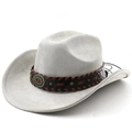Detailed macro view of gray suede cowboy hat with vintage turquoise metal buckle and leather band - Light Gray