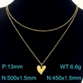 Gold-tone layered stainless steel necklace with heart pendant and product dimensions - Double Layer Fine Chain-50cm/6.6g / Gold (KN291944-Z)