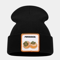 Detail of a black knitted beanie featuring a square patch with a persimmon fruit embroidery - Persimmon Pattern