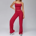 Two-piece cranberry red yoga set with square neck camisole and flare leggings - Lava Red (Vest+Wide Leg Pants)