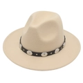 Chapeau fedora classique en feutre de laine beige avec bande en cuir et rivets en argent - M (56-58cm) / Poche zippée