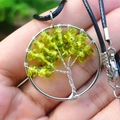 Handmade silver wire life tree pendant with green natural stone and black cord - Olive Green
