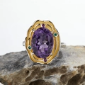 S925 silver ring with oval purple amethyst and colorful accent stones on gold base - Amethyst Pleated Style (LR157)