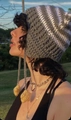 Handmade striped crochet cat ear beanie in grey and white with yellow pom-pom charms - Adult 56-59cm / Grey Star