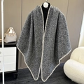 Detail of dark grey tweed shawl featuring cream decorative stitching and open-front design - Marl Grey
