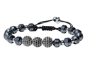 Adjustable hand-woven bracelet with black pavé zircon beads and metallic accents - Hematite with Silver Zirconia Ball