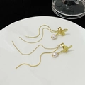 Elegant gold long tassel earrings with butterfly motif and white pearl drops - Butterfly Relief Artificial Pearl Long Tassel Style (A-1061)