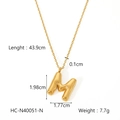 Detail view of golden puffy letter M pendant showing 43.9cm length and 7.7g weight - Letter M (HC-N40051-M)