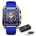Chronographe carré LIGE avec bracelet en caoutchouc bleu et cadran doré évidé - Bleu