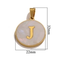 Golden stainless steel round pendant with white shell inlay featuring letter J, 22x32mm - Gold J