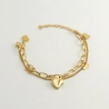 Double-layered gold stainless steel bracelet with heart pendants and textured charms - Gold - Heart Bracelet