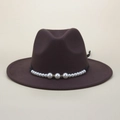 Detail of dark brown wool fedora hat featuring elegant pearl and diamond ribbon trim - M (56-58cm) / Coffee