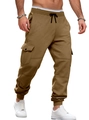 Men's khaki fleece cargo joggers with multi-pockets and drawstring waist design - Camel