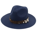 Detail of navy straw hat with leopard print ribbon and elegant pearl embellishments - Navy Blue