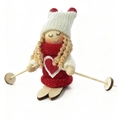 Christmas skiing doll ornament with red and white knit outfit and wooden skis - Red Clothes White Hat Skiing Girl (K-TS05)