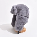 Grey faux rabbit fur trapper hat with earflaps and secure black buckle closure - One Size / Gray
