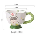Hand-painted 400ml ceramic mug with cake girl illustration and green pedestal base - Cake Eating Girl - Grass Green Handle