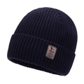 Navy blue ribbed knit beanie featuring a vintage leather patch for outdoor warmth - Navy Blue