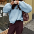 Women's casual blue crewneck long sleeve knit sweater with a relaxed fit for autumn - S / Light Blue