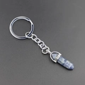 Blue and white natural crystal hexagonal pillar stone keychain with silver metal clip - Blue Spot Stone