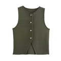 Gros plan du gilet en tricot vert olive avec des boutons argentés artistiques et texture - S / Hauts / Vert Militaire