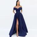 Elegant navy blue off-the-shoulder evening gown in satin with a high slit and waist tie - US 2 / Navy Blue