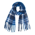 Thick blue and white checkered scarf with fringe tassels made of loop yarn blend - Blue