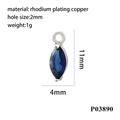 Macro detail of blue zircon marquise pendant in rhodium plated copper with size specs - Silver/Turquoise Blue Zircon