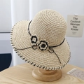 Elegant cream straw sun hat with black wavy edge and crochet flower decorations - M / Flowers Edging-Beige