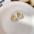Golden flower earrings with creamy white drip oil rings on a minimalist white plate - Silver Earring Post Geometric Enamel Square U-Shape Studs