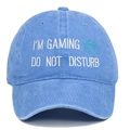 Close-up of I'M GAMING DO NOT DISTURB embroidery on blue washed cotton baseball cap - Light Blue