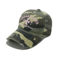 Detailed view of pink embroidery and distressed brim on camouflage baseball cap - M (56-58cm) / Forest Camouflage (F)