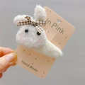Detail of handmade plush white bunny hair clip with a brown plaid bow on display card - Off-white Rabbit BB Clip