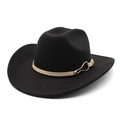 Close-up of a black wool felt cowboy hat featuring a beige leather band and gold buckle - M (56-58cm) / Black