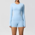Sky blue long-sleeve yoga set with high-waist shorts for women running and fitness - Sky Blue