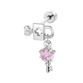 Silver lock earring with heart detail and dangling key featuring a pink star gemstone - Lock and Key Pendant Style - Single Piece (A-644)