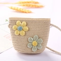 Straw mini bucket bag for girls featuring yellow and green sequined floral decorations - Sequin 2 Flowers / Beige