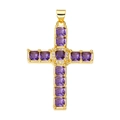 Gold cross pendant featuring square purple zircons and sparkling clear crystal accents - Pendant 77 (Gold Purple Stone Luxury Cross)