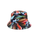 Détail de l'imprimé abstrait multicolore et des surpiqûres renforcées sur le chapeau bob - Art abstrait haute saturation sur noir (03)