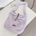 Purple faux fur tote bag with drawstring closure and soft plush texture shoulder strap - Light Purple