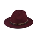 Detail of burgundy wool fedora featuring a dark braided band and gold feather metal buckle - Adult (57-60cm) / Wine Red (With Leaf Chain)