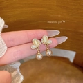 Golden butterfly earrings with cat eye stone, crystals and champagne pearl drop - Rose Gold Butterfly Pearl Earring Post (A2150)