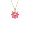 Detail of gold chain necklace with pink enamel daisy pendant and clear gemstone core - Red