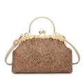 Beigefarbene Handtasche mit Blumenprägung, Goldgriff und Vintage-Bügelverschluss - Khaki