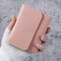 Minimalist soft pink tri-fold leather wallet for women with white stitching detail - Pink