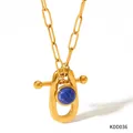 Gold horseshoe necklace with blue stone and rectangle paperclip link chain - Gold Blue Gem Horseshoe Pendant Necklace (KDD036)