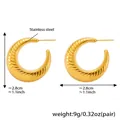 Polished 18k gold plated stainless steel U-shape earrings with croissant texture finish - Helical Croissant Texture Style (F1051)