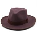 Classico cappello fedora bordeaux con bordo in pelle marrone e nastro in canneté - M (56-58cm) / Viola