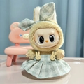 Labubu plush doll wearing a green plaid dress with matching bow tie accessory - Fresh Green Plaid Pendant / First And Second Generation Keychains Are Compatible With La Cloth Dolls. Dolls Not Included.