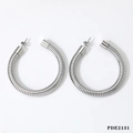 Detail of silver stainless steel hoop earrings featuring unique spiral spring texture - Silver Spiral Texture Hoop Earrings (PDE2131)